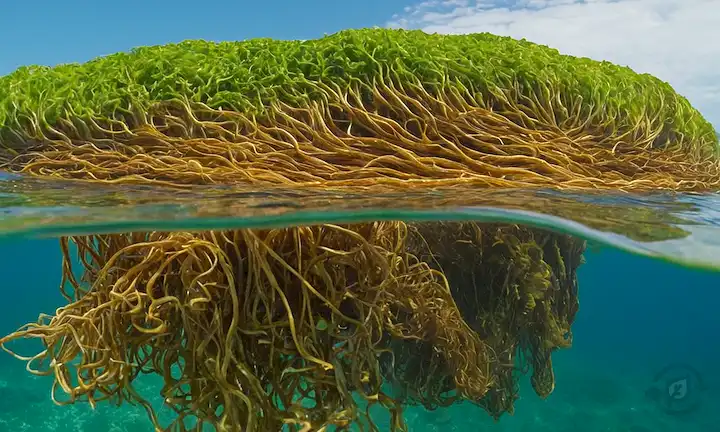 Algas de color dorado flotando sobre el océano verde azul tranquilo