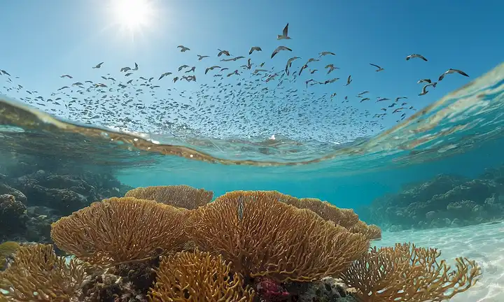 ilustración 3D de un fan del mar (Sargassum) flotando en aguas tranquilas turquesas, rodeado de escuelas de peces pequeños y de otra vida marina, con algunas gaviotas volando sobre la cabeza, sol brillando desde arriba, y ondas sutiles en el fondo, todo en contra de un cielo azul suave