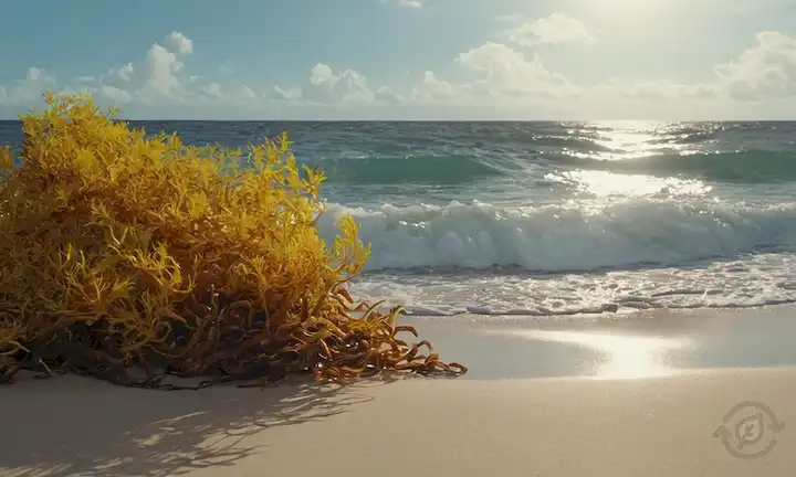 ilustración 3D del algaso de Sargassum, olas oceánicas chocando con<center><img decoding=
