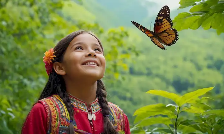 bosque verde vibrante, exuberante canopy, diversas especies de árboles, flores coloridas, fauna nativa, indígenas en ropa tradicional, joven niña o niño sosteniendo una mariposa o pájaro, sonriendo, mirando hacia el cielo, con un toque de luz solar filtrando a través de las hojas