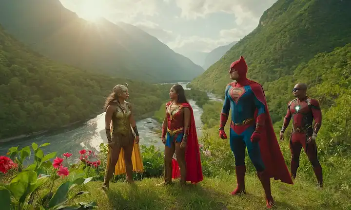 Un grupo de indígenas, árboles, flores y animales, superhéroes en trajes coloridos, rodeados de vegetación exuberante, un río o montañas, con un sol cálido que brilla hacia abajo