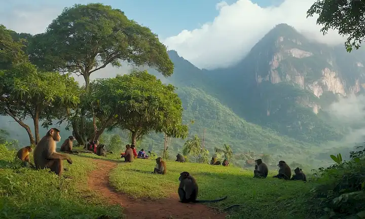 Árboles con colores vibrantes, una majestuosa cordillera en el fondo, pueblos indígenas de pie o sentados cerca de la base de los árboles, rodeados de fauna diversa, como monos, pájaros y mariposas, con un toque de exuberante vegetación y niebla malvada