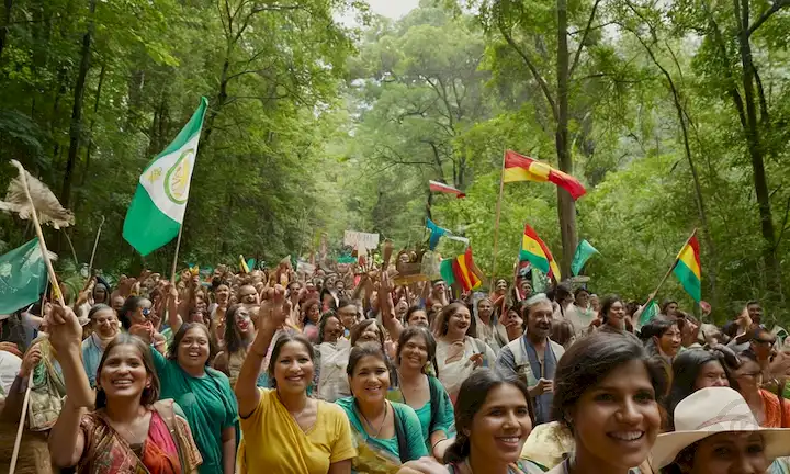 Bosque verde vibrante, fauna diversa, pueblos indígenas sonrientes, activistas sosteniendo señales, arboladas abrazando, banderas coloridas ondeando, manos agarrando hojas, ríos fluyendo, sol brillando y aves volando