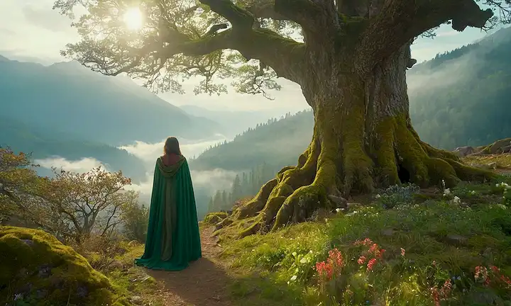 bosque antiguo, majestuoso árbol, mujer indígena, manto verde, aura resplandeciente, pelucas de niebla, montañas misty, flores vibrantes, hojas rustling, filtro de la luz del sol, tonos terrenales