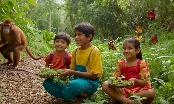 igenous people, colorful costumes, exuberante bosque, vibrantes plantas, sonriendo niños, manos sosteniendo plántulas, mariposas, monos, aves, riverside, sunlight filtrando a través de árboles, diversa fauna, superhéroes naturales