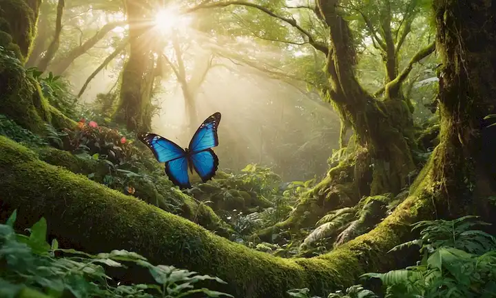 un bosque exuberante, plantas verdes vibrantes, un majestuoso árbol, una mariposa colorida, un grupo de personas, pueblos indígenas, entornos naturales, diversa fauna, esfuerzos de conservación, futuro sostenible, equilibrio ecológico, armonía con la naturaleza
