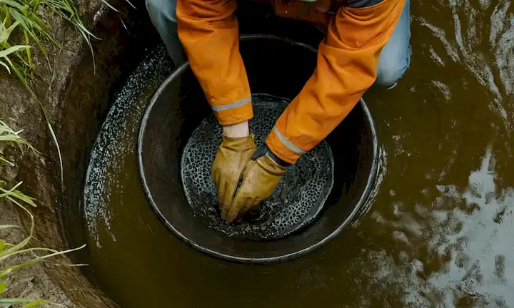 El hombre que lleva en general y guantes tocando una tubería de alcantarilla inundada usando remedios naturales en lugar de limpiadores de drenaje. Una imagen de cerca de arriba muestra el agua lentamente drenando.