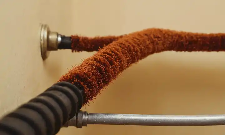Limpiador casero de tuberías a través de tubo de agua parcialmente obstruida con sobreposición de texto. Remedios naturales para tubos cerrados.