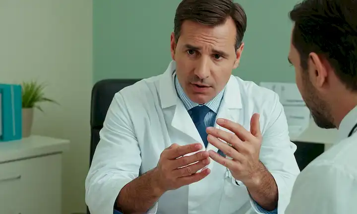 Un médico varón que examina a un paciente testículos y explica los signos de dolor testicular autoexploratorio durante la consulta. (Traducción: La importancia de la autoexaminación testicular en los hombres: ¿cuándo preocuparse? Un urólogo explica qué hacer y cuándo buscar ayuda médica.)