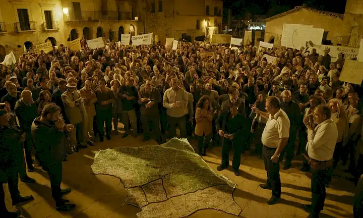 Un mapa de España destacando pozos ilegales, con personas que protestan y funcionarios que investigan en el fondo.