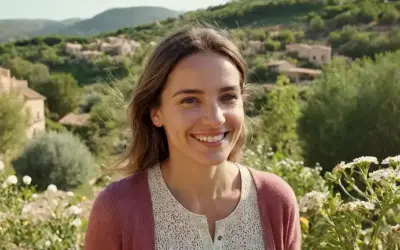 Una mujer sonriendo en medio de elementos naturales como árboles