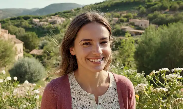 Una mujer sonriendo en medio de elementos naturales como árboles