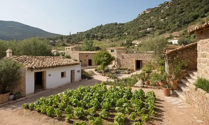 Un pueblo centrado en la comunidad que muestra hogares locales y prácticas sostenibles, destacando las variaciones culturales en España. El texto puede tener las primeras palabras o una breve sinopsis de este viaje de Ecovillage español. La exposición podría incluir estructuras con estilos arquitectónicos mixtos como modernidad, simplicidad y elementos tradicionales; flora viva que contrasta con el paisaje rural; residentes comprometidos en tareas comunitarias como jardinería sostenible y artesanías locales, demostrando así la armonía con el medio ambiente y la historia local. Esta es una respuesta de una palabra o de dos palabras, pero requeriría más contexto para proporcionar detalles en profundidad.