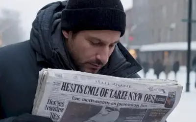 Un hombre en la calle con su nariz enterrado en un periódico que lee ¡Sí! Eso dice la ciencia sobre el olor del invierno. Las imágenes utilizadas pueden incluir copos de nieve