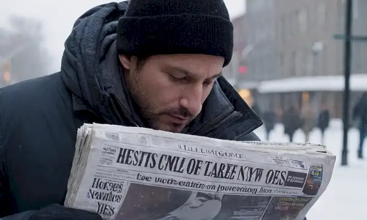 Un hombre en la calle con su nariz enterrado en un periódico que lee ¡Sí! Eso dice la ciencia sobre el olor del invierno. Las imágenes utilizadas pueden incluir copos de nieve