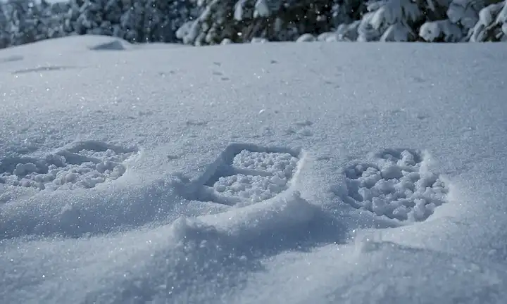 Paisaje de invierno nevado con copos de nieve y símbolos químicos que representan compuestos relacionados con el olor de nieve recién caída, discutiendo hallazgos científicos.