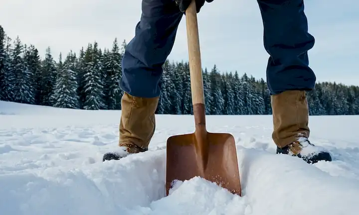 Persona con guantes y sosteniendo una pala en un paisaje nevado. El olor del invierno: lo que la ciencia dice sobre el olor de la nieve; cómo puede afectar la salud - posiblemente inspirado en la investigación sobre los beneficios o retos de olores de invierno.