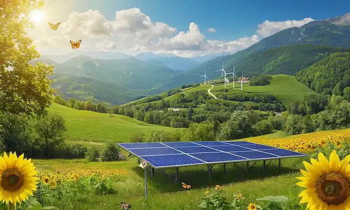 Bosque verde con paneles solares y turbinas eólicas, un planeta azul Tierra en el cielo, hojas que crecen de raíces de árboles, mariposas volando entre flores, abejas coleccionando néctar, niños sonriendo agarrando las manos con un árbol, girasoles floreciendo amarillo brillante, colinas verdes rodando en montañas
