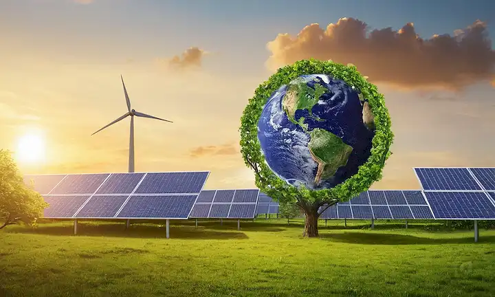 Un planeta azul Tierra con vegetación, un árbol que crece de un símbolo de reciclaje, paneles solares en edificios, una turbina de viento contra un cielo de puesta de sol, y gente caminando en armonía con la naturaleza, todo mezclado en un ambiente calmante