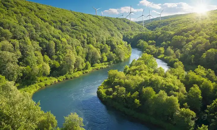 Bosque verde con un río de viento