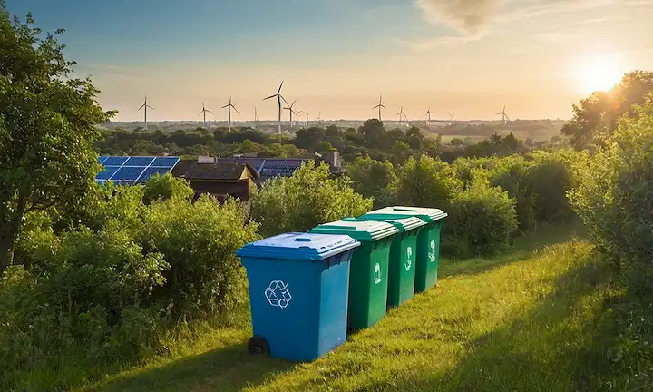 Una Tierra verde azul con ecosistemas interconectados, gente y naturaleza en armonía, árboles floreciendo, paneles solares en tejados, edificios verdes, esfuerzos de conservación de la fauna, contenedores de reciclaje que rebosan con recicl<center><img decoding=