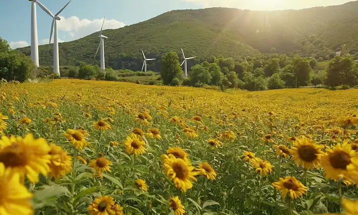Tierra 3D, vegetación, paneles solares, turbinas eólicas, símbolo de reciclaje, abejas recolectando néctar de flores, personas plantando árboles, transformación mariposa