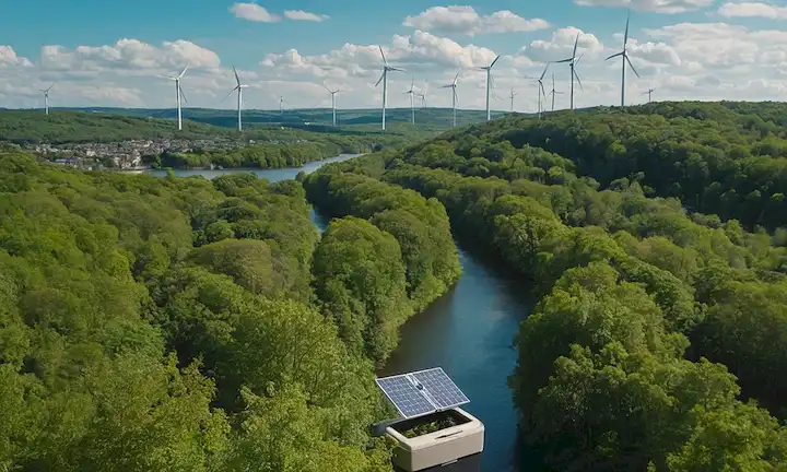 Un exuberante bosque verde con un río corriendo a través de él, rodeado de árboles con paneles solares en sus ramas, un contenedor de reciclaje en el centro, una turbina de viento en la distancia, y un paisaje urbano en el fondo con cielos azules y nubes blancas