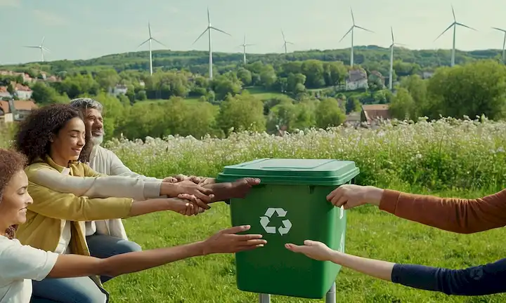 Una Tierra verde con flores y árboles florecientes, un paisaje urbano en el fondo con paneles solares y turbinas eólicas, un contenedor de reciclaje lleno de diversos materiales, un grupo de personas de diferentes edades y profesiones trabajando juntos, sosteniendo manos o formando una cadena para representar la unidad y la acción