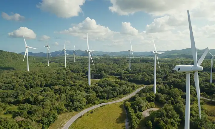 Una Tierra verde azul con ecosistemas interconectados, gente y naturaleza en armonía, árboles floreciendo, paneles solares en tejados, edificios verdes, esfuerzos de conservación de la fauna, contenedores de reciclaje que rebosan con recicl<center><img data-lazyloaded=