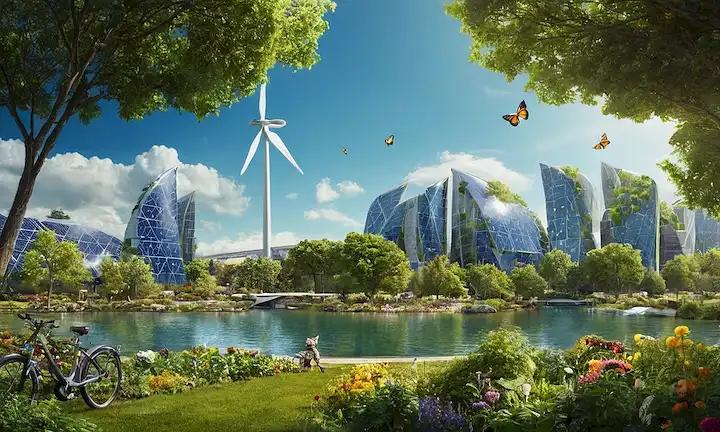 Árboles, vegetación, agua, paneles solares, contenedores de reciclaje, turbinas eólicas, Tierra desde el espacio, edificios verdes, bicicletas, flores, abejas, mariposas, animales jugando, prácticas sostenibles, productos ecológicos, reciclaje, residuos reducidos, energía renovable, conservación ambiental, integración empresarial, futurista paisaje urbano con la naturaleza