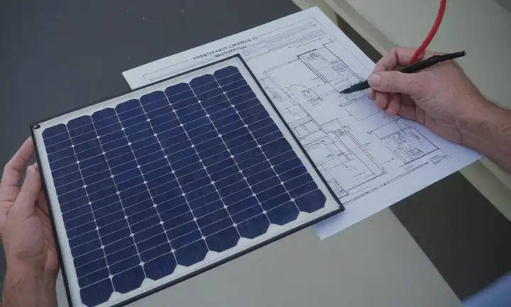Los constructores sostienen el plan de instalación de paneles solares con diagramas esquemáticos y especificaciones arquitectónicas. Esta guía es para constructores de novicios que quieren instalar paneles solares en sus edificios. Unas palabras podrían reemplazar нертериненнихинанихителинитенних como la descripción, pero esta frase completa da una imagen completa sobre el contenido.