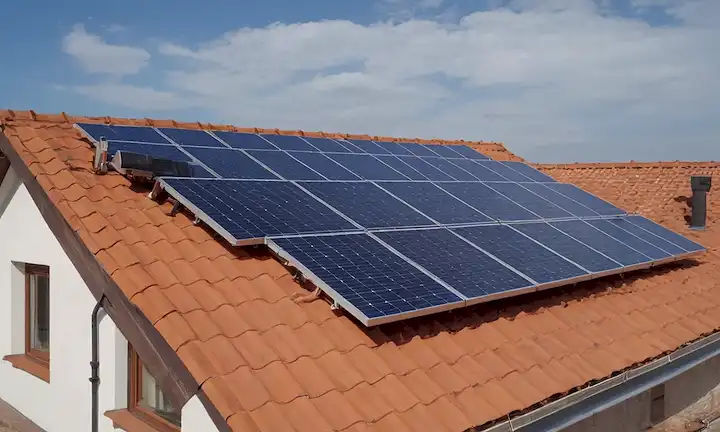 Guía de instalación de paneles solares para principiantes con instrucciones sobre su colocación en un techo. También se incluye una imagen esquemática del proceso.