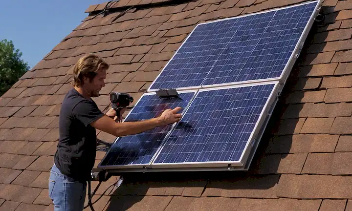 Persona usando un panel solar para instalar su propio sistema fotovoltaico casero.