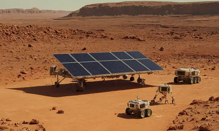 Robotically assembling solar panels on a sun-kissed planetary surface, with instructions provided in simple language. (Nota: esto es puramente ficticio y no un guía del mundo real.)