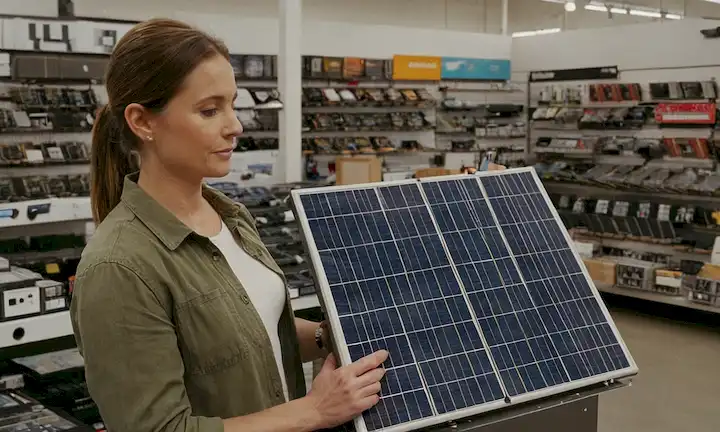 Persona eligiendo paneles solares de una variedad de opciones en una tienda de equipos. (Título " autor son omitidos por brevedad)