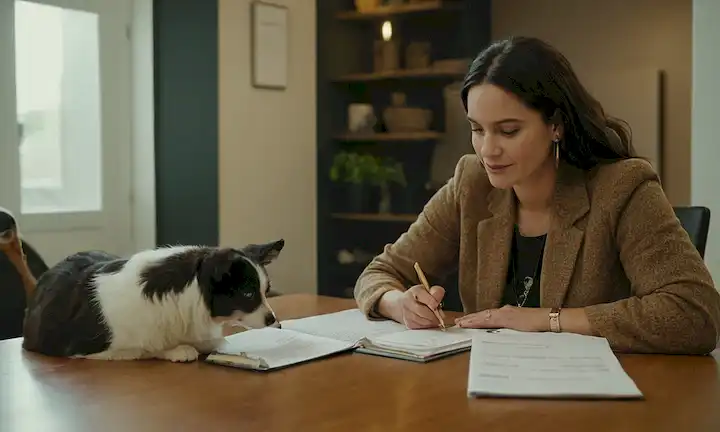 Etólogo en una mesa de consulta, discutiendo el enfoque holístico del bienestar de las mascotas con los clientes sobre costos para la psicología de perros o gatos. Honorarios de mención y beneficios mencionados por el psicólogo profesional.