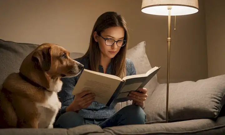 Persona leyendo e investigando mientras un perro o gato se sienta cerca, con beneficios de la psicología animal y cómo invertir en su bienestar.
