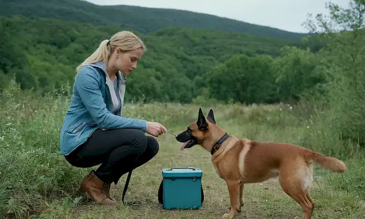 Psicólogo ayudando a perros en un ambiente natural. Observe la información de costes y los posibles beneficios de buscar ayuda profesional para los animales mencionados anteriormente en el texto.