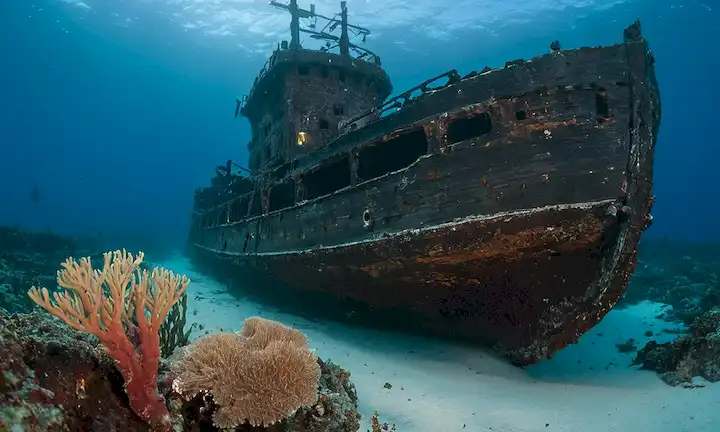 Naufragio en el mar con coral conservado y plancton bioluminescente en primer plano (Pastinaca genus).