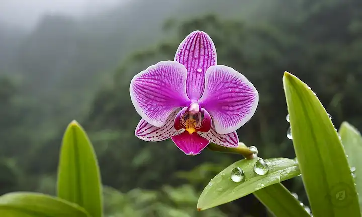 Orquídeas visbrantas en la selva tropical, plano de hojas de planta piraceosas con gotas de rocío, flora diversa que prospera en medio de la atmósfera de niebla niebla, suelo de bosque iluminado con exuberante subcrecimiento, desenfoque de majestuosos picos de montaña, vegetación vibrante de plantas epifitas en troncos de árboles