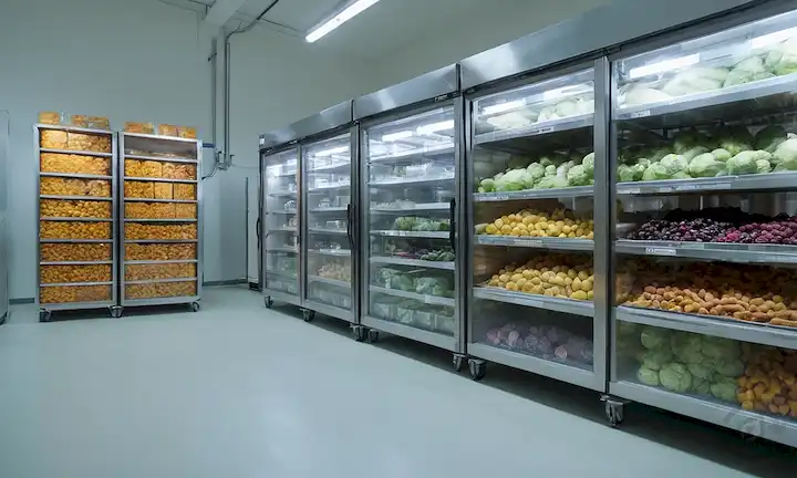 Alimentos congelados, temperaturas criogénicas, contenedores transparentes, frutas y verduras secas, condiciones asépticas, equipos de laboratorio, utensilios esterilizados, procesamiento de alimentos, instalaciones industriales, almacenamiento de almacén, conservación de frescura, control de calidad