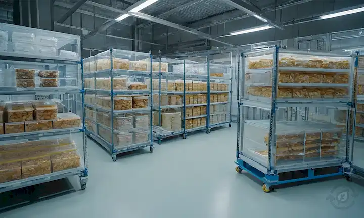 contenedores 3D con alimentos congelados, estantes apilados con viales transparentes, toboganes de microscopio con muestras secas, salas de almacenamiento de congeladores con hileras de cajas, cierre de máquinas de secador de congelados en funcionamiento interno, instalaciones de procesamiento industrial con cintas transportadoras automatizadas, equipo de laboratorio científico con platos petri, almacenes de almacenamiento frío con pallets de mercancías conservadas