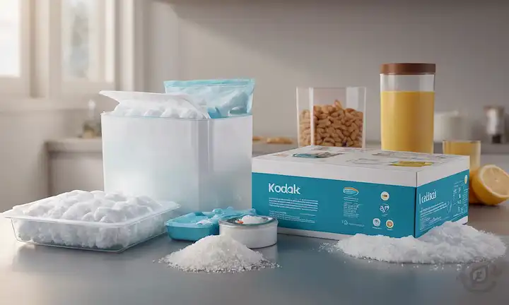 Ilustración 3D de un producto alimenticio con su embalaje original abierto, mostrando contenidos secos y empaquetados rodeados de equipo de lyofilización, hielo seco y unidades de control de temperatura, con un toque de vapor o humedad en el fondo para significar las limitaciones de procesos