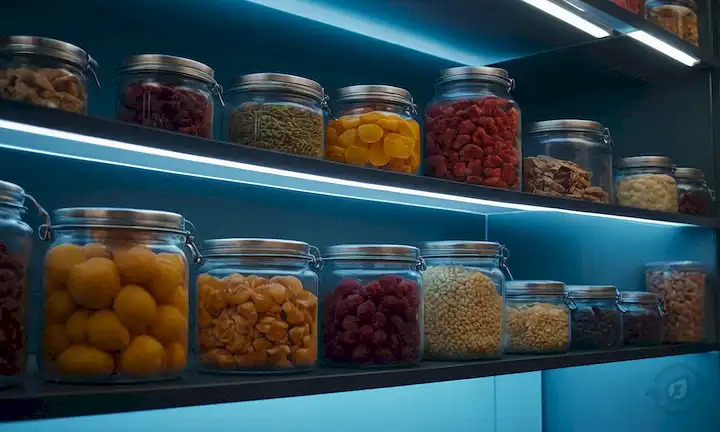 Frutas, verduras y carnes congeladas en un estante, rodeadas de contenedores transparentes, con un brillo azul sutil, evocando un ambiente de laboratorio futurista