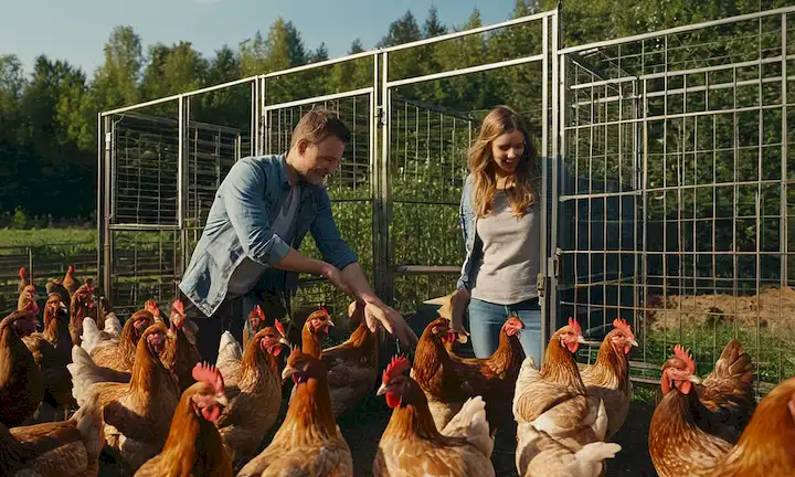 Los agricultores liberan gallinas de jaulas en recintos exteriores en medio de las regulaciones de la Unión Europea.