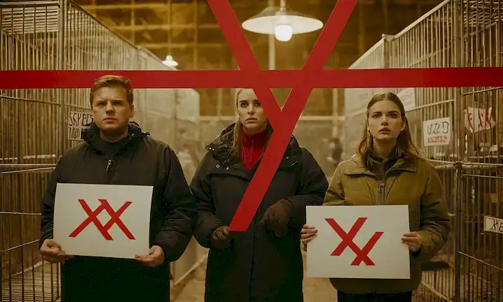 Los manifestantes sostienen señales delante de jaulas con un símbolo X rojo.