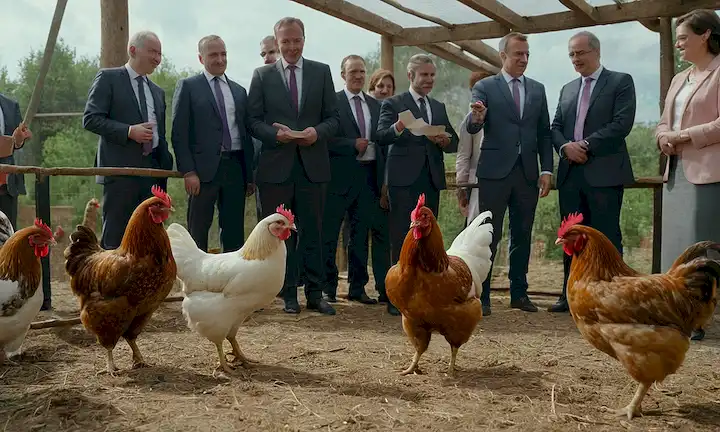 Una foto de pollos felices en un recinto abierto con funcionarios de la UE haciendo una declaración.