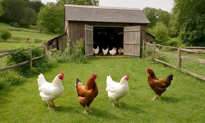 Un granero lleno de gallinas en un recinto libre con puertas abiertas y exuberante entorno verde.