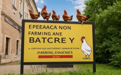 Una junta de firmas de la Unión Europea que muestra No hay agricultura de batería como 2027 fecha límite con ilustración de pollos.