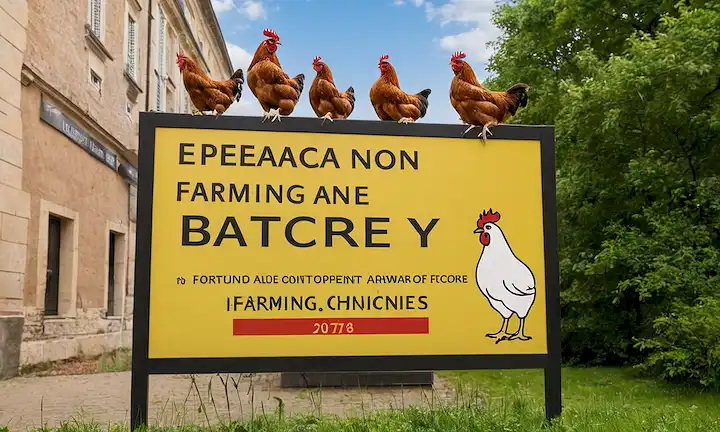 Una junta de firmas de la Unión Europea que muestra No hay agricultura de batería como 2027 fecha límite con ilustración de pollos.